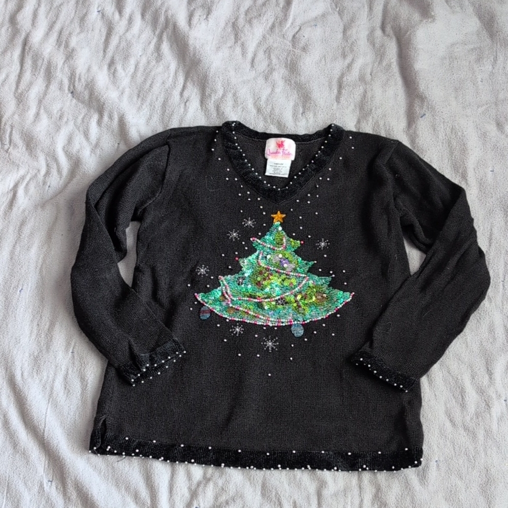 Quacker Factory Black V-Neck Sweater with Festive Tree